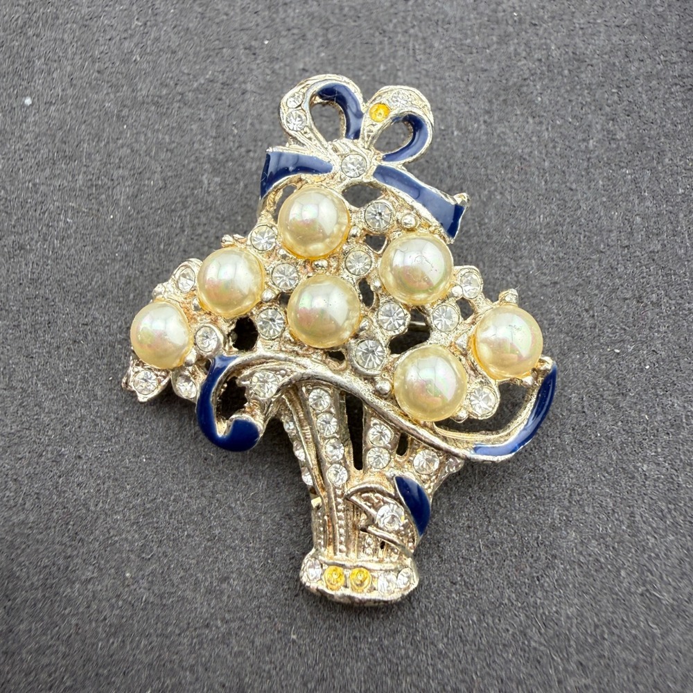 Roman Vintage Faux Pearl Rhinestone Brooch Blue Enamel Flower Basket Gold Tone